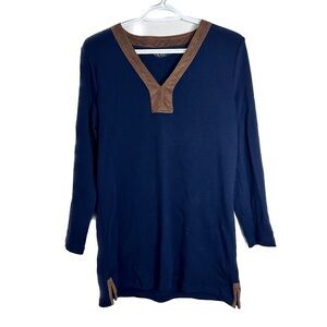 Lauren Ralph Lauren Cozy Cotton Tunic Vegan Notch Neck Slit Navy Blue Medium